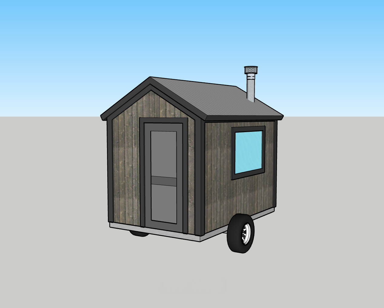 Minnesota Mobile & Stationary Sauna Plans – 10′ x 6′ 5″ 3D model rendering of a 10x77 DIY mobile sauna built on a trailer chassis with wood siding and a steel roof chimney.